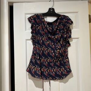 Odille silk floral flutter sleeve top with drawstring waist